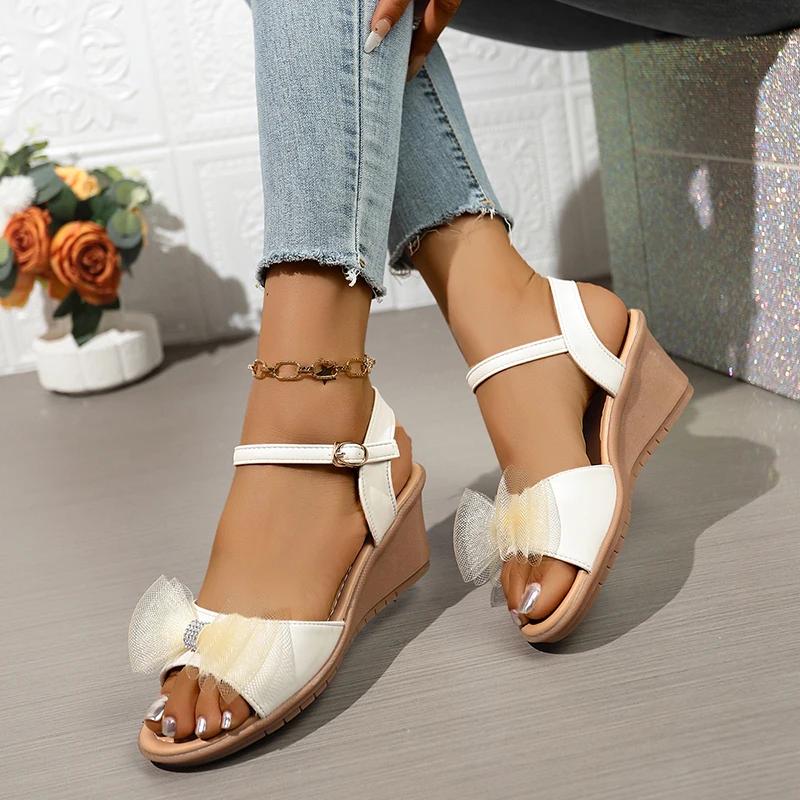 Fashion Women's Mesh Bow Knot High Heel Sandals Casual Anti-Slip Platform Wedge Sandal Female New Round Toe Thick Bottom Sandalias Mujer