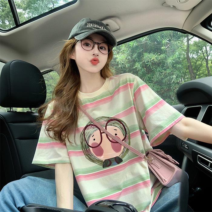 Women Striped Short Sleeve T Shirt Summer Contrast Color Round Neck Loose Mid Length Casual Sweet Slim Tee Tops