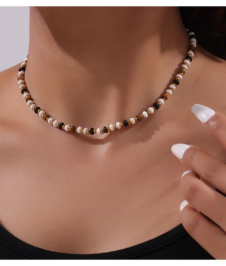 Double-Layered Tiger's Eye Beaded Necklace with Titanium Steel Clavicle Chain