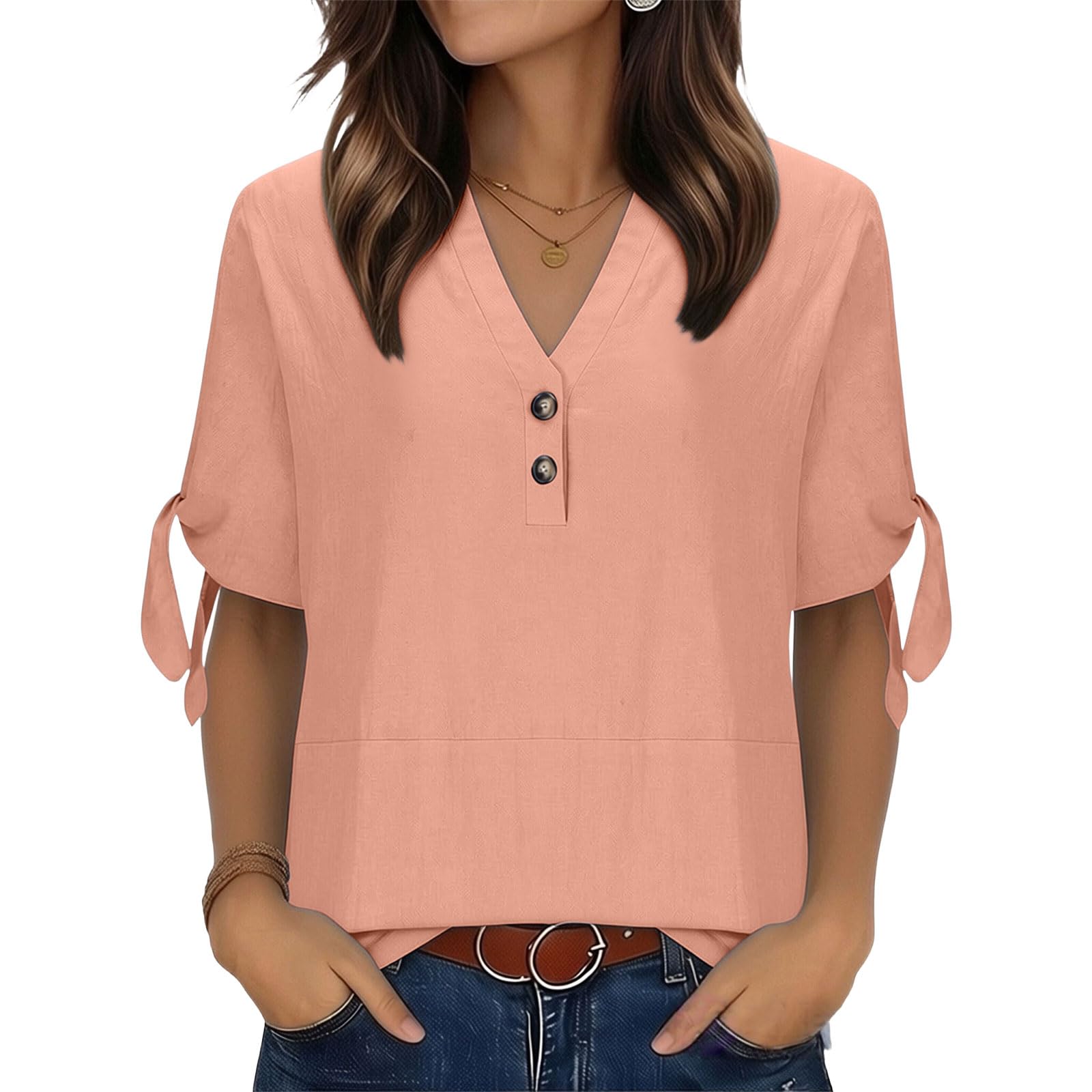 

Womens V Neck Short Sleeve Blouse with Button and Tie Sleeve Casual Loose Fit Top for Daily Wear Office School XXL розовый