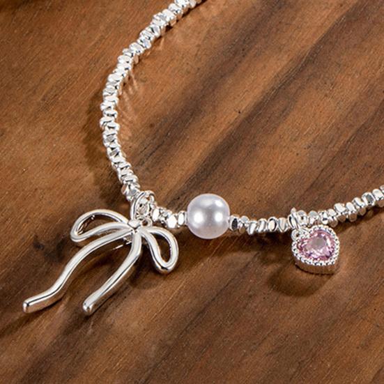 Bowknot Charm Bracelet Faux Gemstone Pink Heart Cuff Bracelet Adjustable Dainty Bracelet Elegant Wrist Jewelry for Girls Women