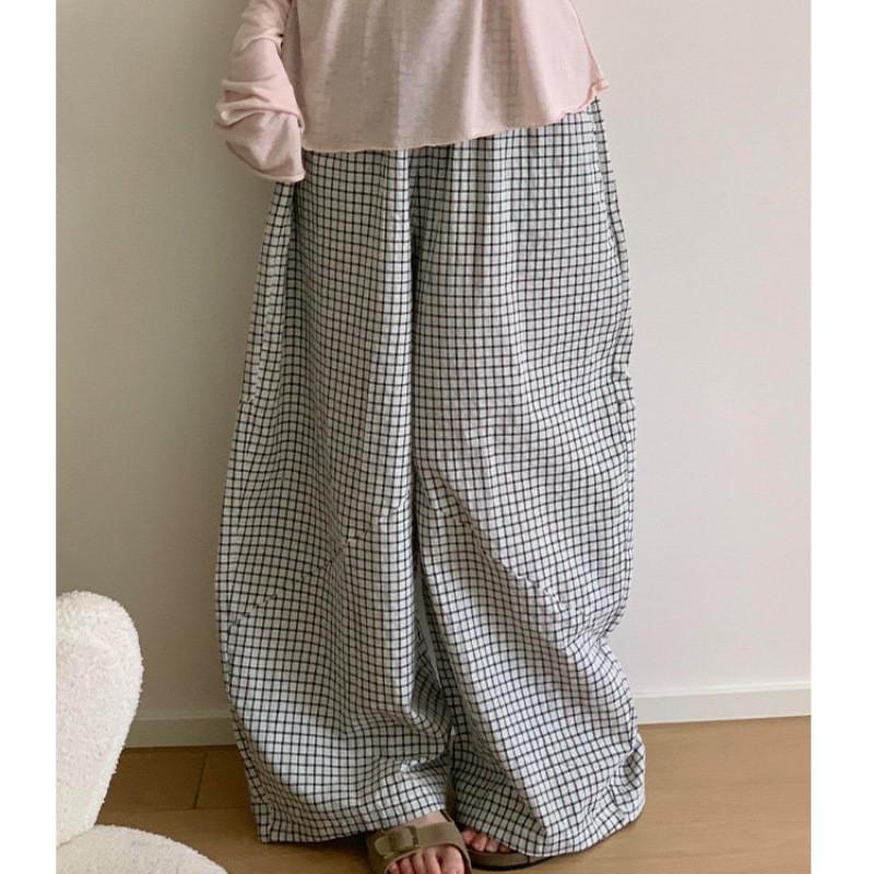 Retro Plaid Wide Leg Pants Women High Waist Loose Casual Trousers