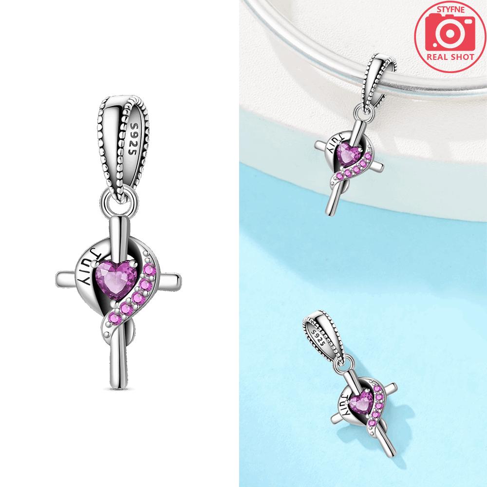 Women Pendant Original Red Zircon Birthstone Blue Gemstone Heart Cross Bead Fit Bracelet Copper Jewelry Accessory Charm Gift