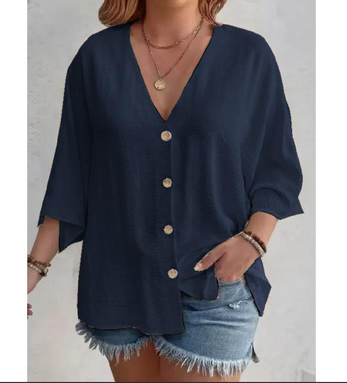 Women V Neck Button Down Blouse Short Sleeve Casual Loose Fit Solid Color Top