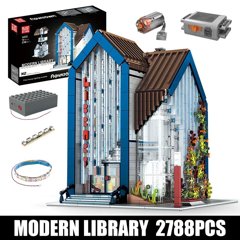 MOULD KING 16022 Streetview Building Block The MOC Modern Library with Led Parts Assembly House Model Brick Kids Christmas Gifts