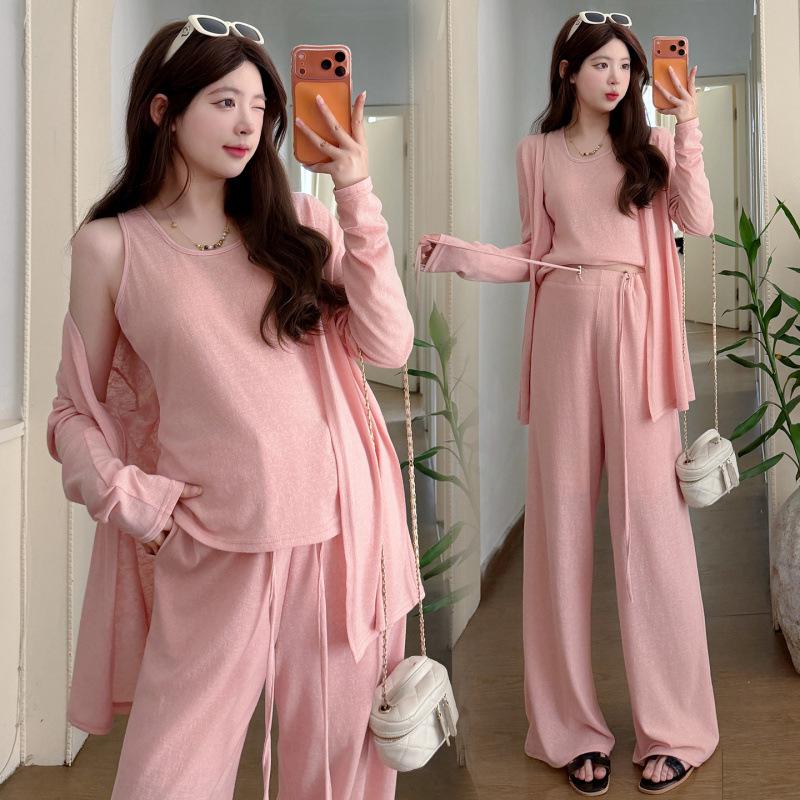 2026 Spicy Mom Style Maternity Three-Piece Set: Spring & Summer Plus Size with Wide-Leg Pants M
