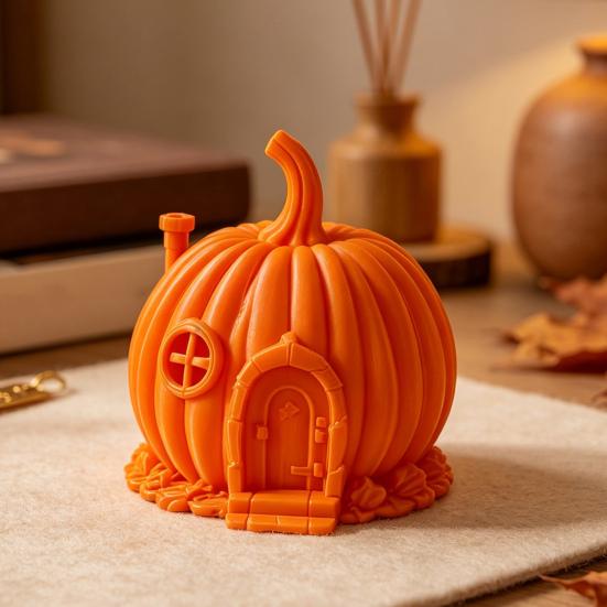 Retro Style Pumpkin Home Accents 3D Printed House Ornament for Halloween, Miniature Fairy Tale Cabin Creative Halloween Party Table Centerpiece