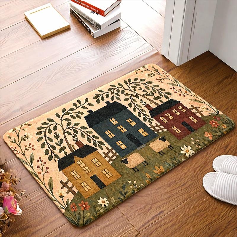 1Pcs Anti Fatigue Kitchen Rugs, 2Pcs, 3Pcs Pastoral House Print Waterproof Non-Slip Thick Cushioned Mat Comfort Standing Mat