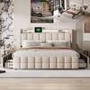 Cama de casal 140x200 cm com LED e 4 gavetas, USB, cama de adulto 140x200 cm com estrado de ripas, cama 140x200 cm, tecido de linho, bege