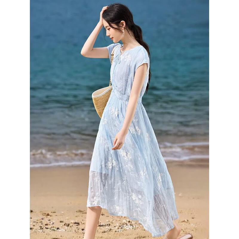 XWI Women s Blue Embroidered V-Neck A-Line Summer Dress L