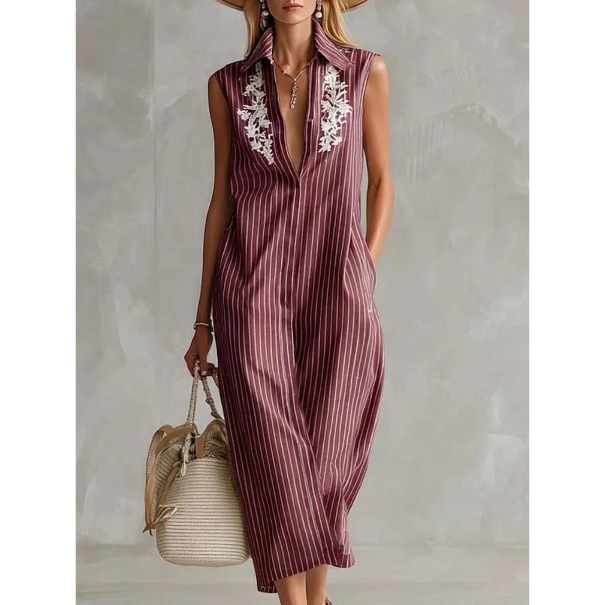 Women s Turn Down Collar Sleeveless V Neck Striped Embroidered Pocket Loose Maxi Shirt Dress S