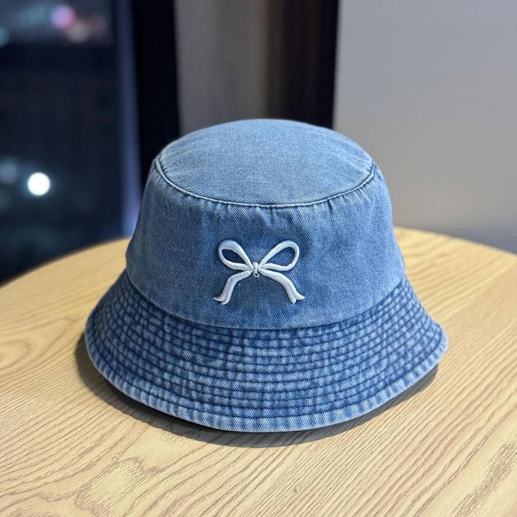 Korean-style bowknot fisherman hat for women, new denim summer sun protection hat, stylish hat that makes the face look smaller