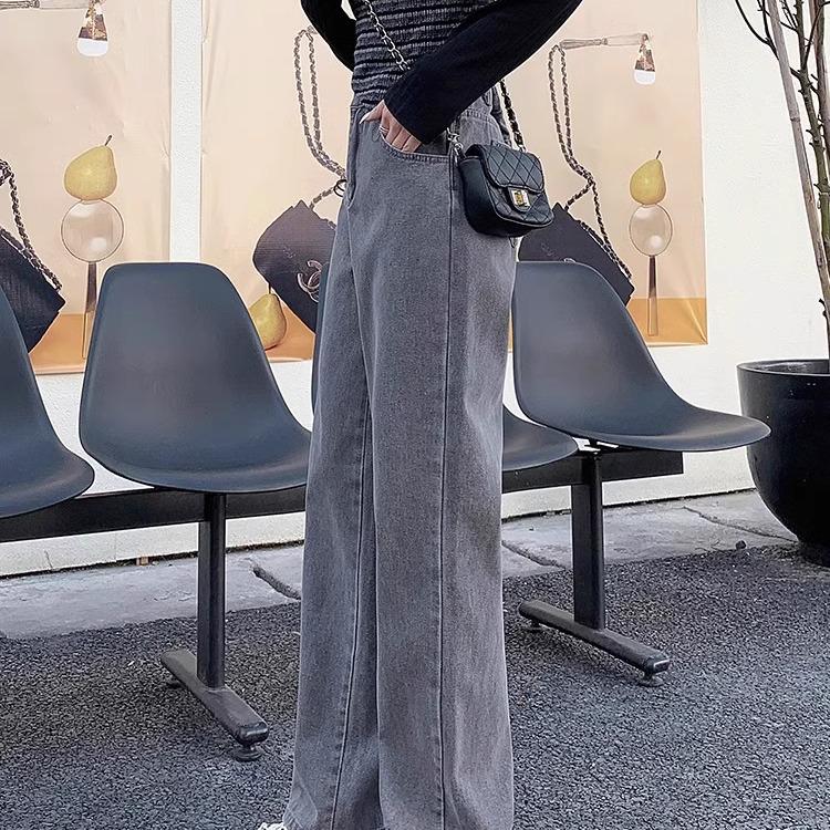 Dámské podzimní korejský styl kouřově šedé džíny s vysokým pasem na zavazování a širokými nohavicemi