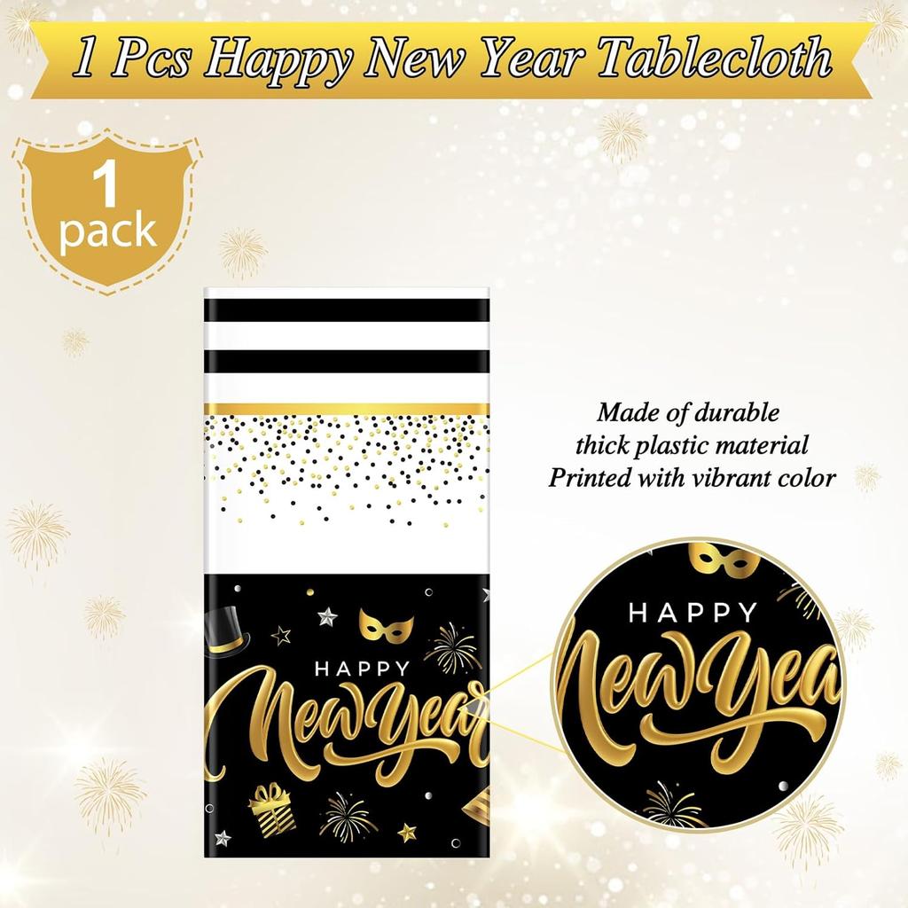 Hallswl 1 Pieces Happy New Year Tablecloths Black Gold Plastic Disposable Table Cloth Rectangle New Year Table Cover for 2026 New Years Eve Party