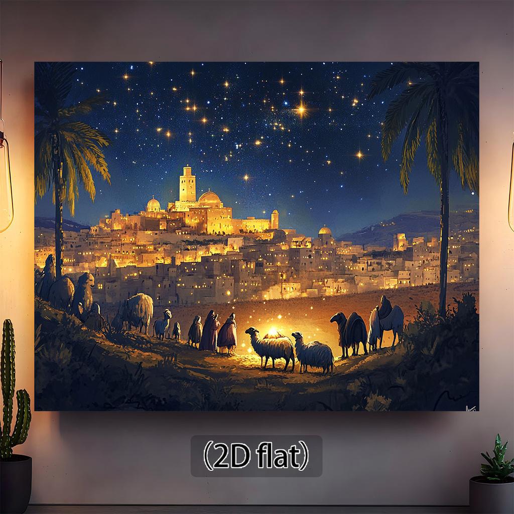 1pc 2D flat background of the Bethlehem Birth scene, starry sky, city lights and palm trees - polyester, Christmas decoration