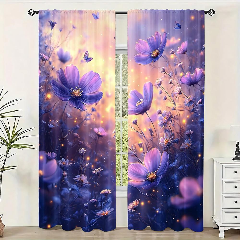 2pc,  Window Curtains Blue & Purple Flowers Light Filter Spring Party & Holiday Decor Perfect for Carnival Decor