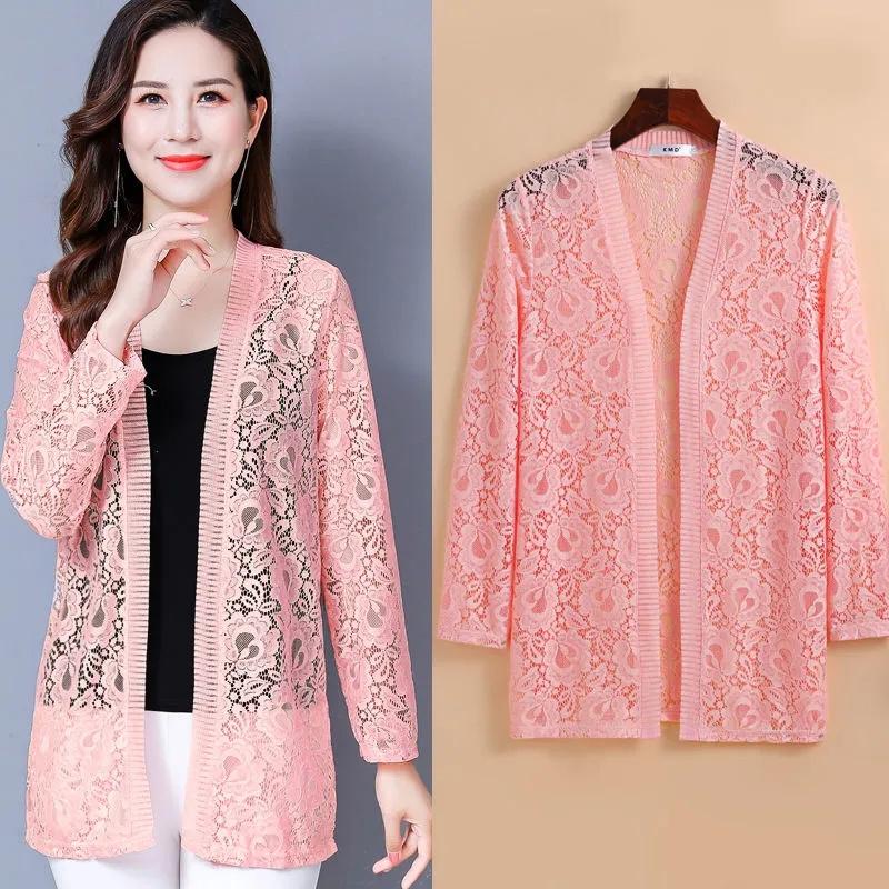 Female Long-sleeved Sun Protection Clothes Air Conditioning Shirts Summer New Women Loose Openwork Lace Cardigan Thin Coat