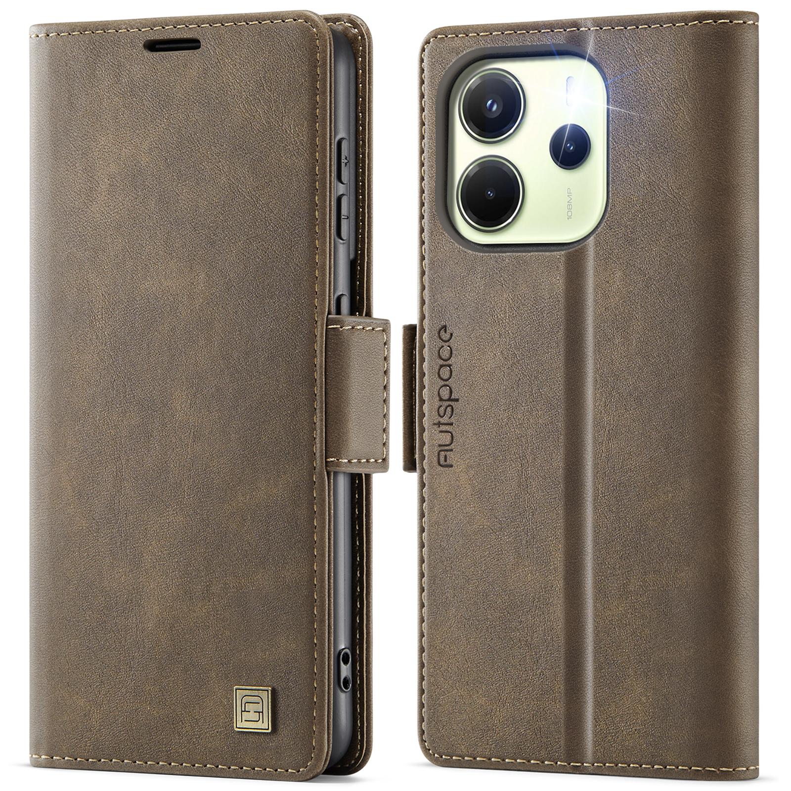 

For Xiaomi Redmi Note 14 4G (163.25x76.55x8.16mm) Case AUTSPACE A11 RFID Blocking Retro Leather Cell Phone Wallet Cover Brown