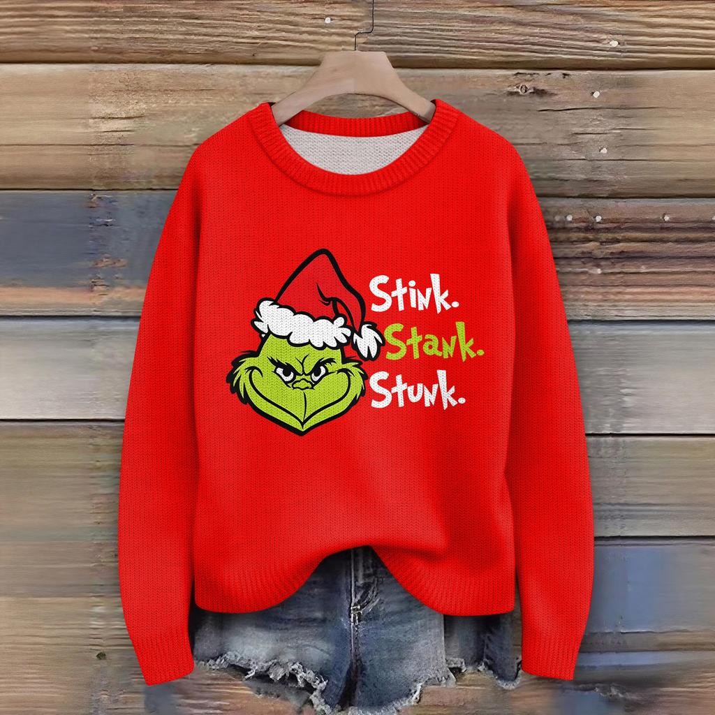 Women's Christmas Print Cardigan Long Sleeve Round Neck Knit Top