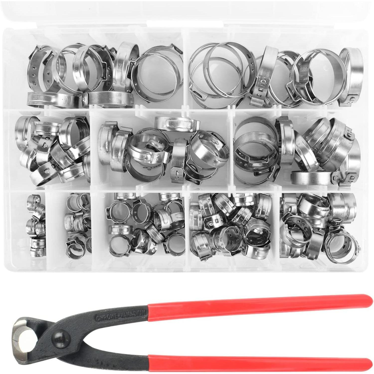 304 Stainless Steel Single Ear Hose Clamps 6-28.6mm Stepless Hose Clamps with Ear Clamp Pincer Cinch Rings Crimp Hoses Clamps Assortment Kit for Water P