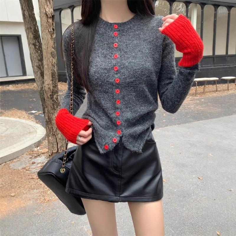 Schickes Kontrastfarben-Design Strickcardigan-Pullover Damen Herbst und Winter Neu Süß Figurbetont und Dünn Langärmlig Nischen-Oberteil