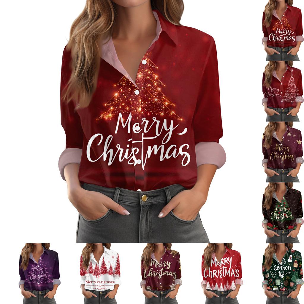Women's Christmas Print Casual Half-Open Collar Long Sleeve Shirt