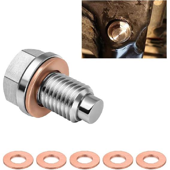 M14×1.5 Magnetic Oil Drain Plug, Aluminum Stainless Steel Sump Drain Nut Bolt with 5 Copper Crush Washer, Universal Leak-proof Replacement Car