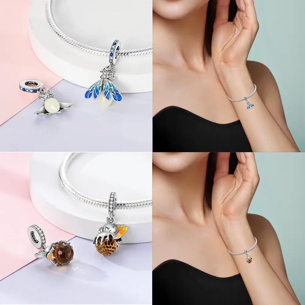 925 Silver Yellow Heart Pendant Gold Fireflies Sunflower Butterfly Bees Bead Fit Bracelet Valentine's Day Gift Jewelry