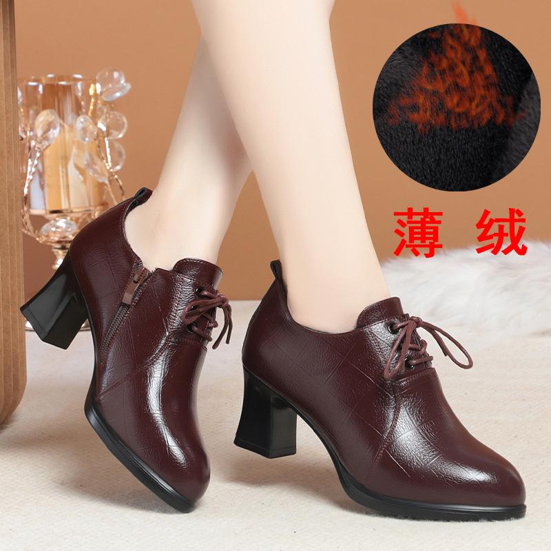 New Winter Women Boots Thick Heel Flat Shoes Anti-slip Velvet Laces for Comfort Ankle Autumn Fashion Leather Boots
