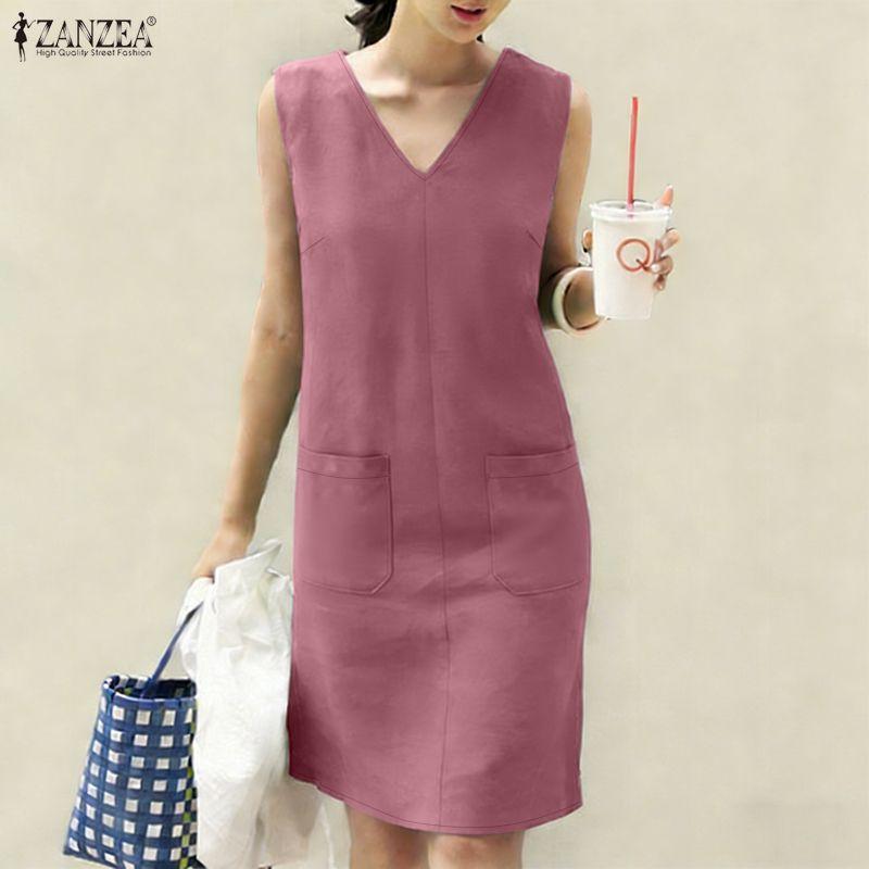 ZANZEA Women Casual V-Neck Summer Sleeveless Dress