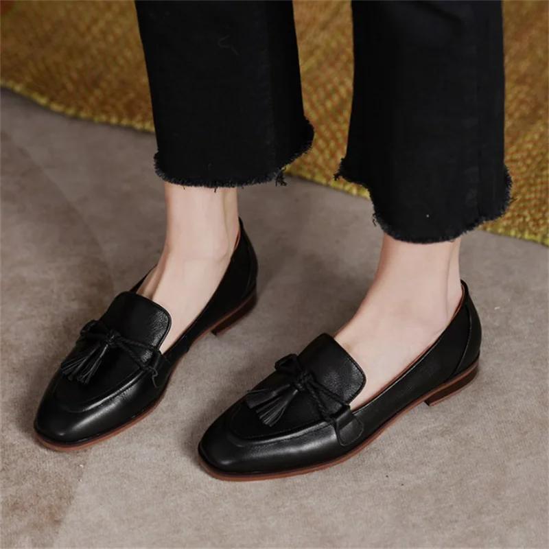 Fashion Fashion Women's Loafers Tassels SquareToe Flat Shoes Shallow Mouth Commuter Daily Casual Vintage  Leather Shoes British