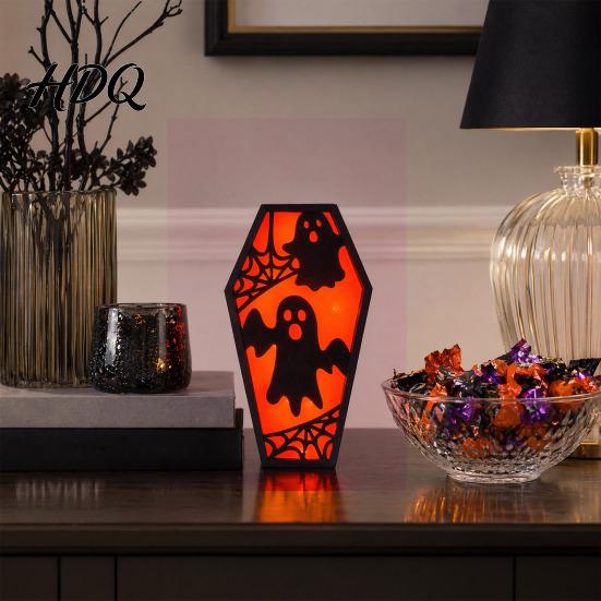 Solid Wood Halloween Craft Casket Decor, DIY Bat Ghost Ornament with Lights, Three-dimensional Spooky Decor Graveyard Scene Prop for Party Home