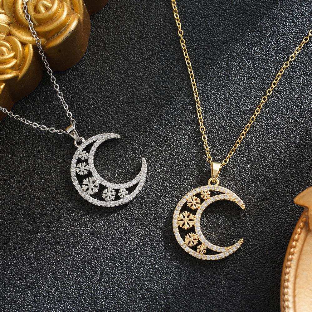 Full Diamond Snowflake Moon Pendant Necklace - Women's Versatile Trendy Clavicle Chain with Japanese Korean Design