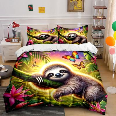 Tropical Encounter: Sloth And Butterflies Printed Duvet Cover Set1 Duvet Cover+2 Pillowcasemulti Size Bedroom Bedding Decor