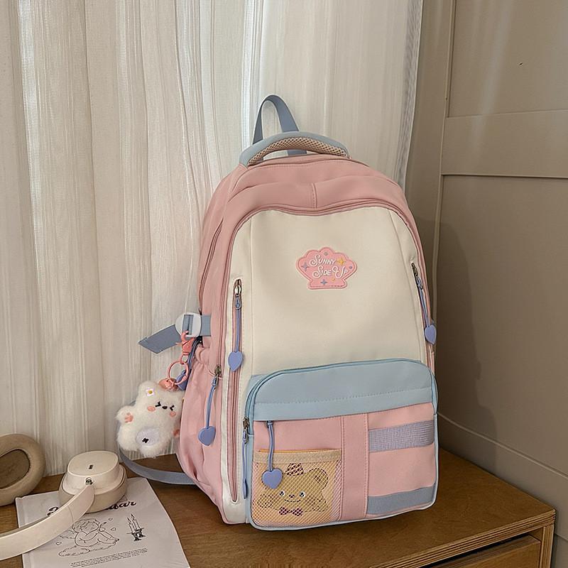 Blocked Cute Color Large Capacity Student Backpack With Pendant For Teens