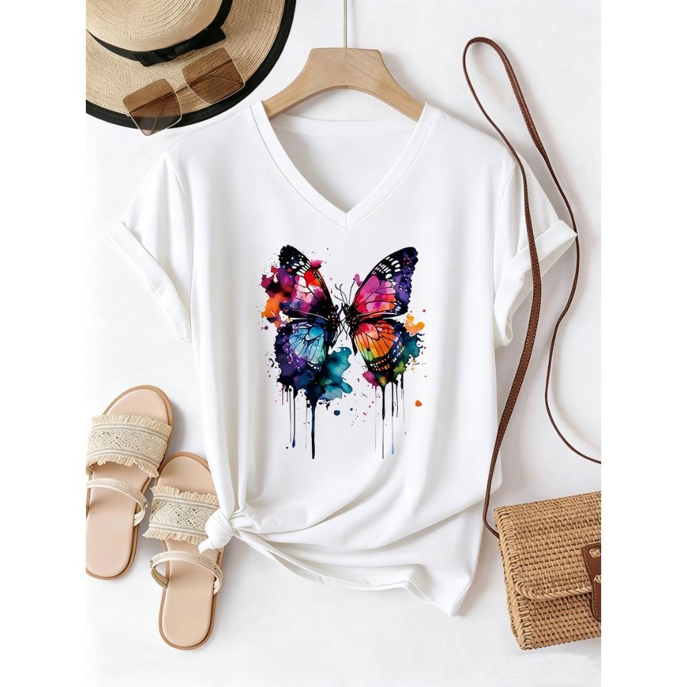 Summer T-shirt V Neck Casual Fashion Y2k Butterfly Aesthetic Printed T Shirts Women Short Sleeve Tee Shirt V-Neck Female