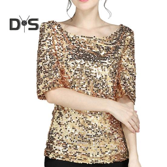 Damen-Shirt, glänzende Pailletten, halbe Ärmel, O-Ausschnitt, lose, einfarbig, weich, atmungsaktiv, Pullover, glitzernde Party, Abschlussball, Cocktail-Bluse