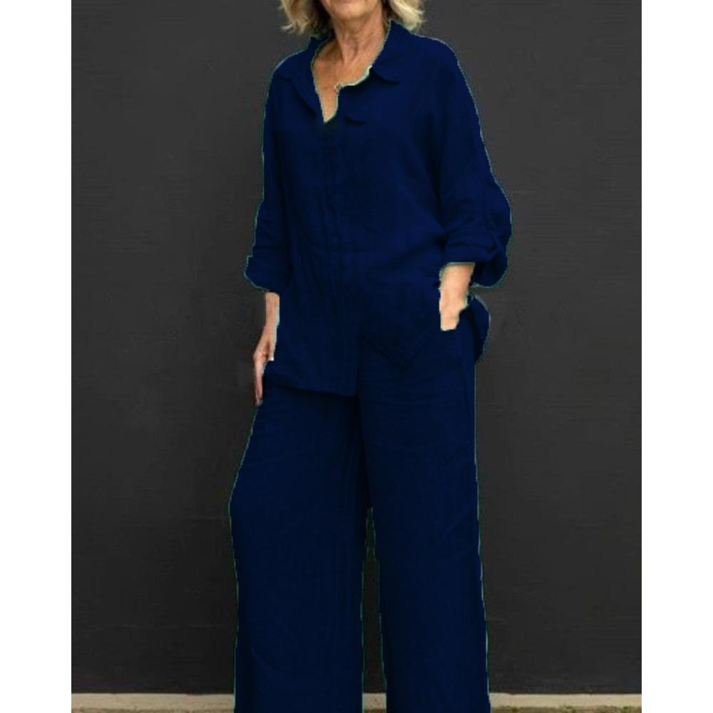 Fashion Cotton Linen Shirt Long Sleeved Women's Set Spring Autumn Loose Cotton Linen Wide Leg Trousers Female Office 2piece Set