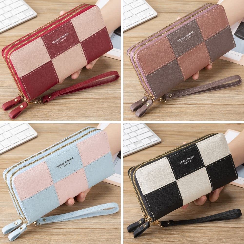 Women's Checkered, Plaid, Checkerboard, Two-Tone, Colorful Wallet with Double Zipper, Coin Purse, Card Slots, Multi-Function, Large Capacity (Red)