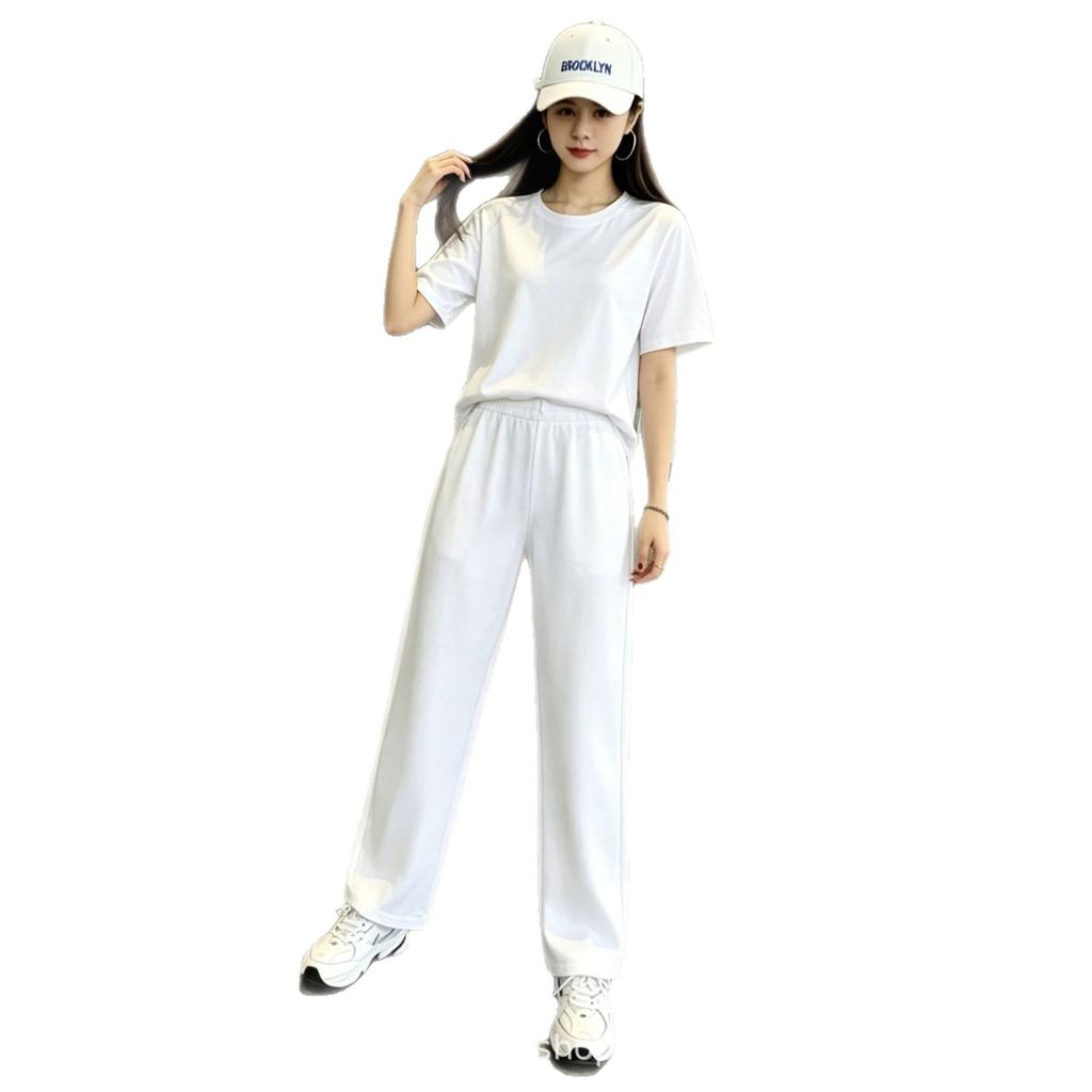 Summer clothing large size sportswear foreign style new women's pure cotton short-sleeved loose top thin straight pants two-piece set