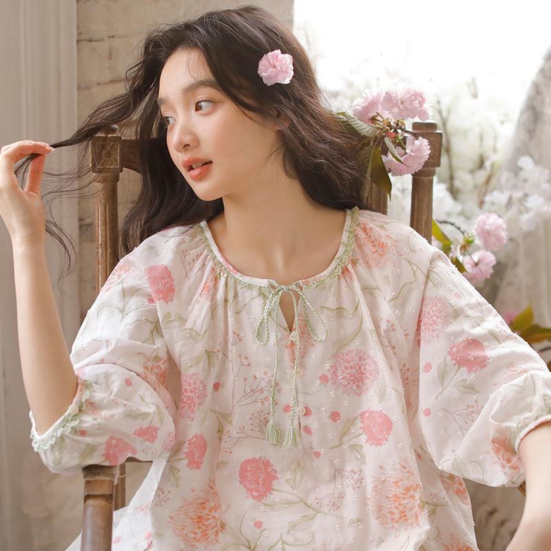 Summer sweet Japanese nightdress women's cotton gauze vitality girl skirt seven-quarter sleeve round neck lazy loungewear nightdress