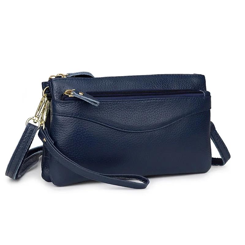 Echt Leer Koeienhuid Messenger Bag voor Dames Meerdere Vakken Schoudertas en Telefoon Portemonnee 22.5x13x3.5cm blue