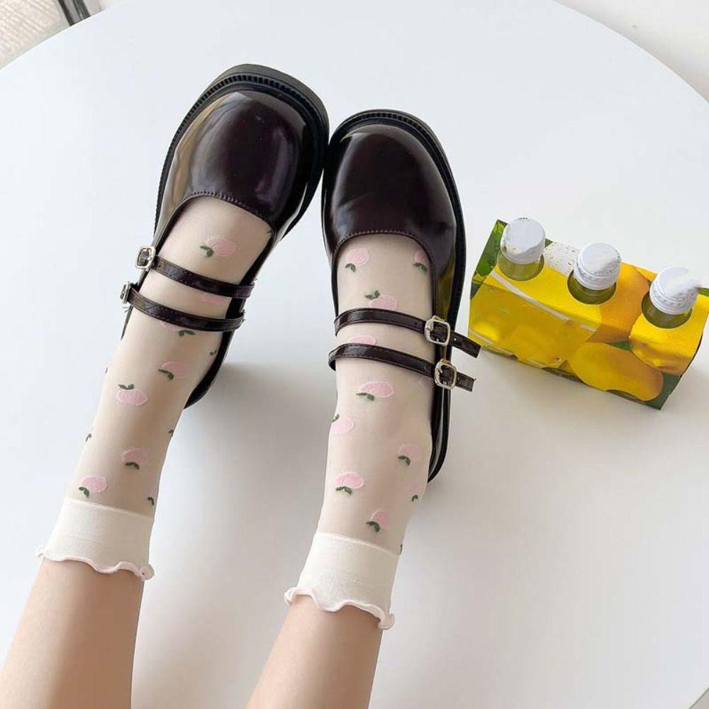 Peach Transparent Flower Ruffle Socks Avocado Fruit Mesh Tulle Mid Tube Socks  Girl