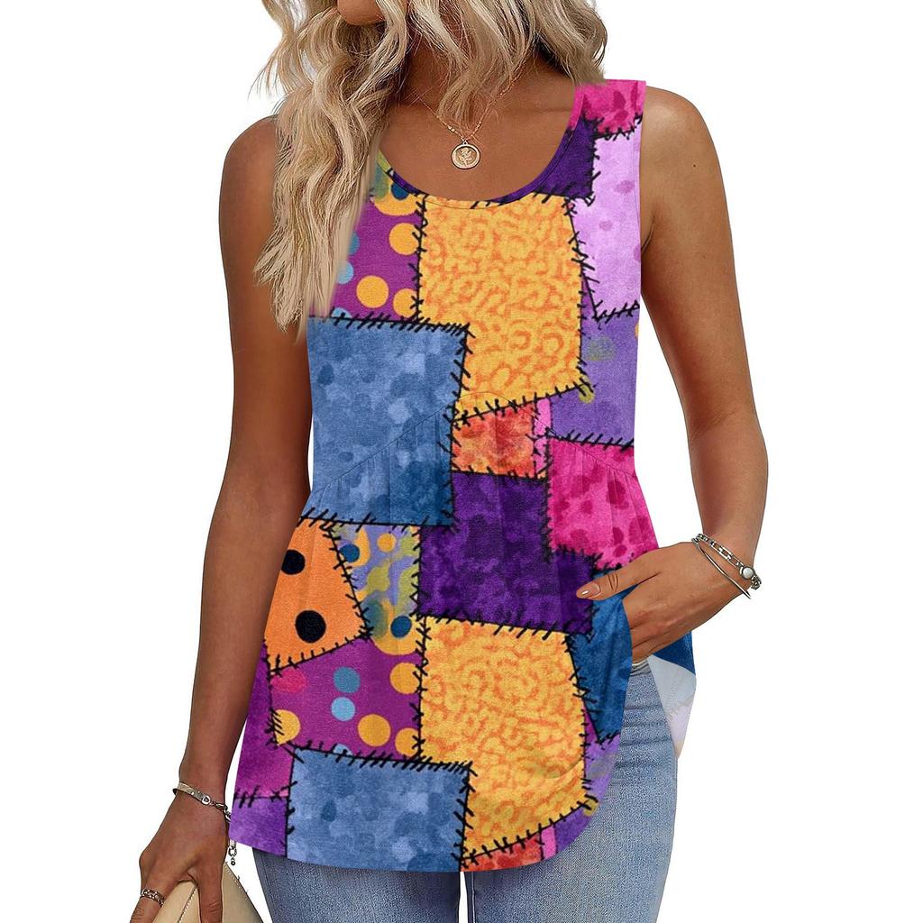 Square Collar Tank Top Women Print Tank Tee Casual Loose Fit Sleeveless Shirt