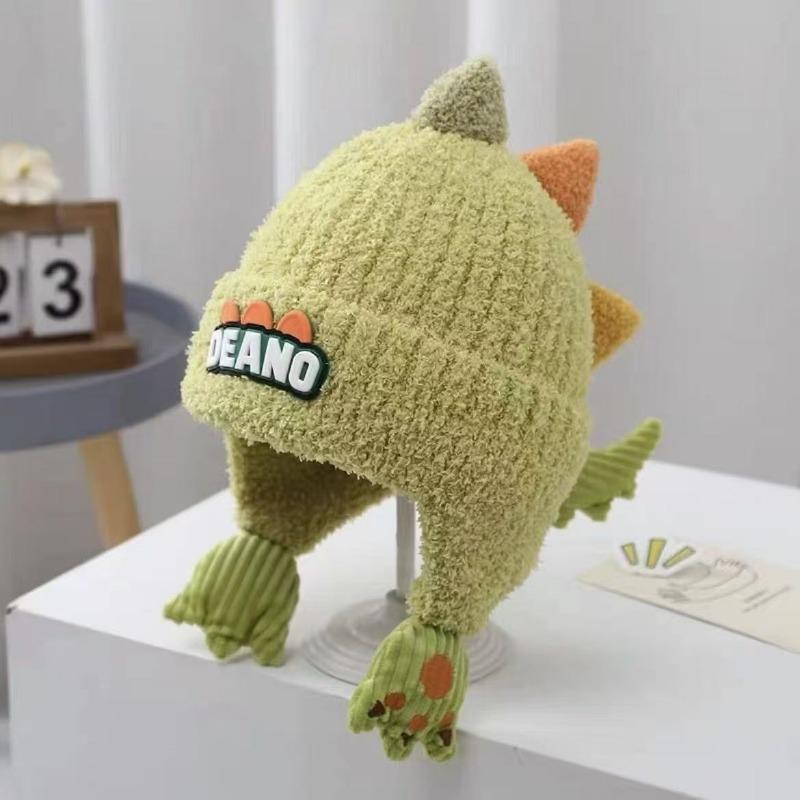 New children's hats autumn and winter ear protectors thickened cute plush dinosaur boys and girls warm knitted wool hats