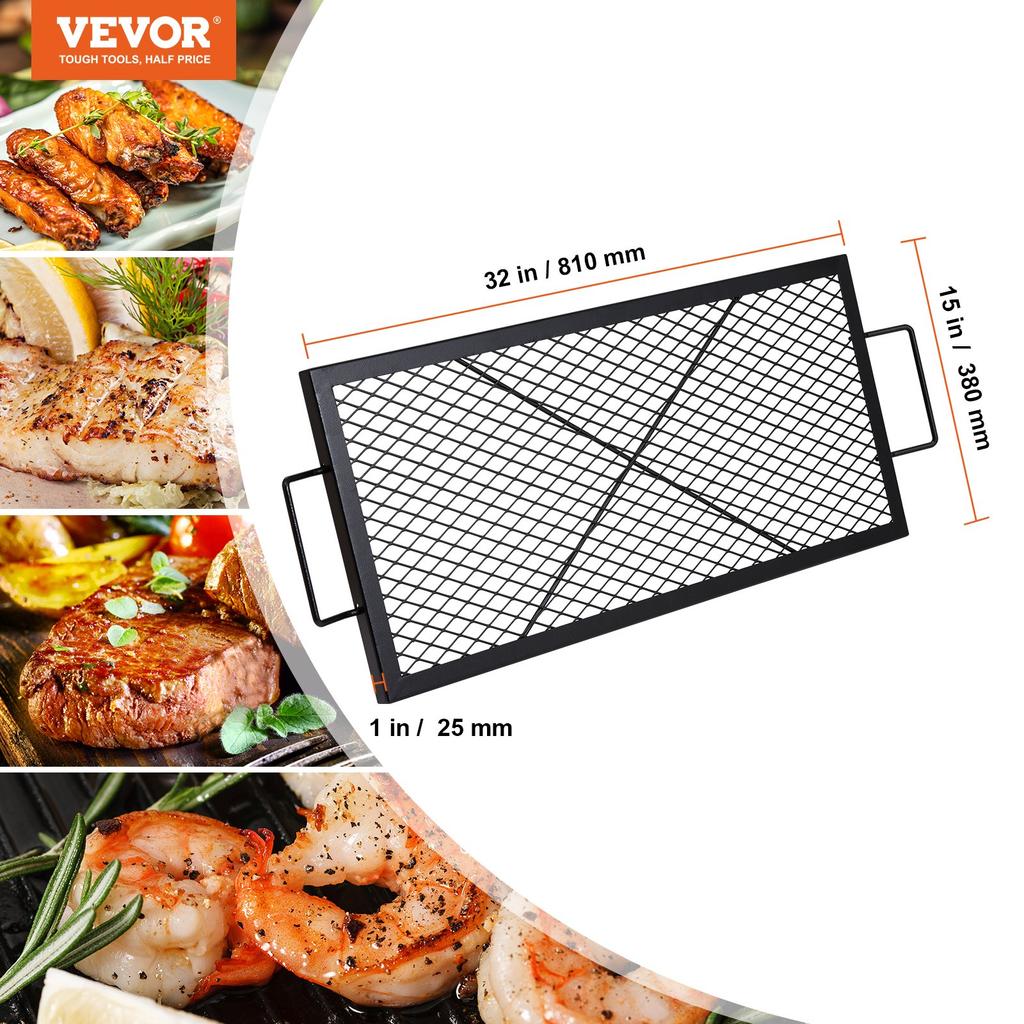 VEVOR X-Marks Fire Pit Grill Grate, Rectangle Cooking Grate, Heavy Duty Steel Campfire BBQ Grill Grid with Handle & Support X Wire