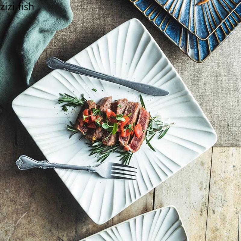Retro Ceramic Square Plate Dessert Plate Sushi Dish Sashimi Dish Relief Striped Tableware Creative Snack Plate Steak Plates