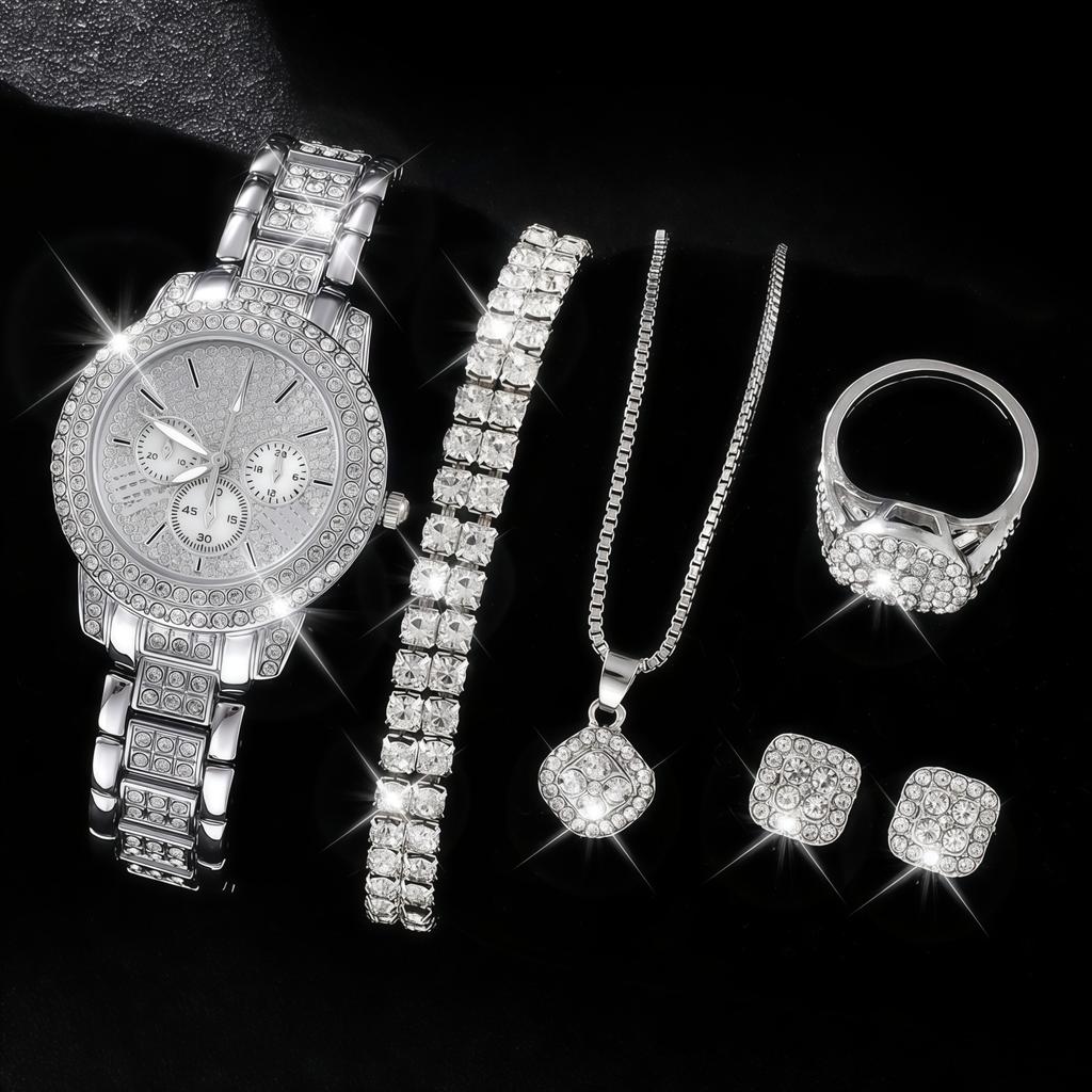 Ladies Cornucopia Diamond Watch Set, Popular 5pcs Bracelet Accessories Fashion Quartz European Beautiful Women Watch Set