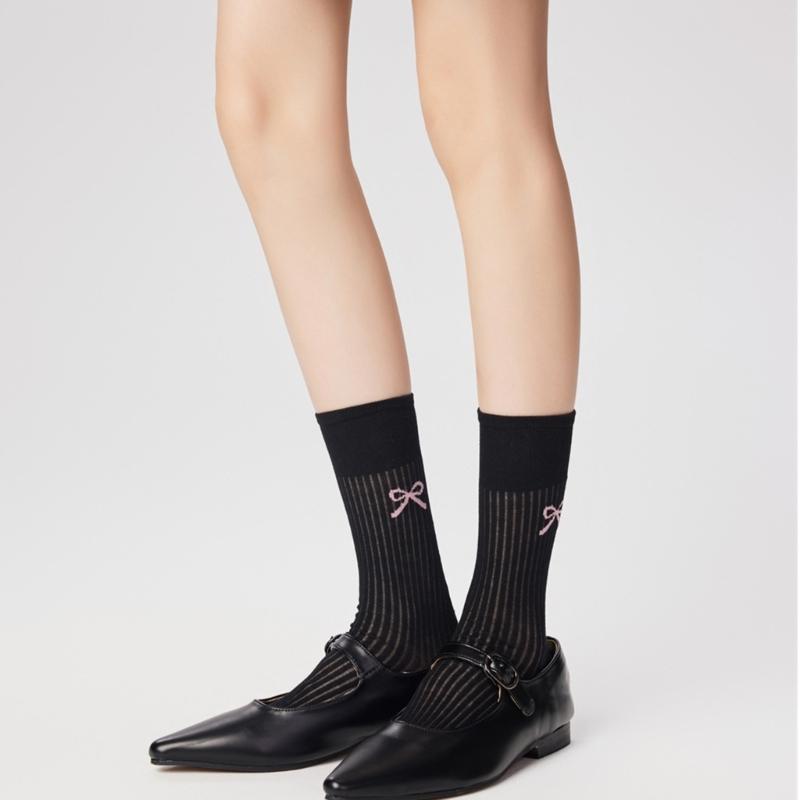 Cute Bowknot Pattern Long Calf Length Socks for Women and Girls Breathable Mesh Ribbed Student Cotton Stockings Hosiery