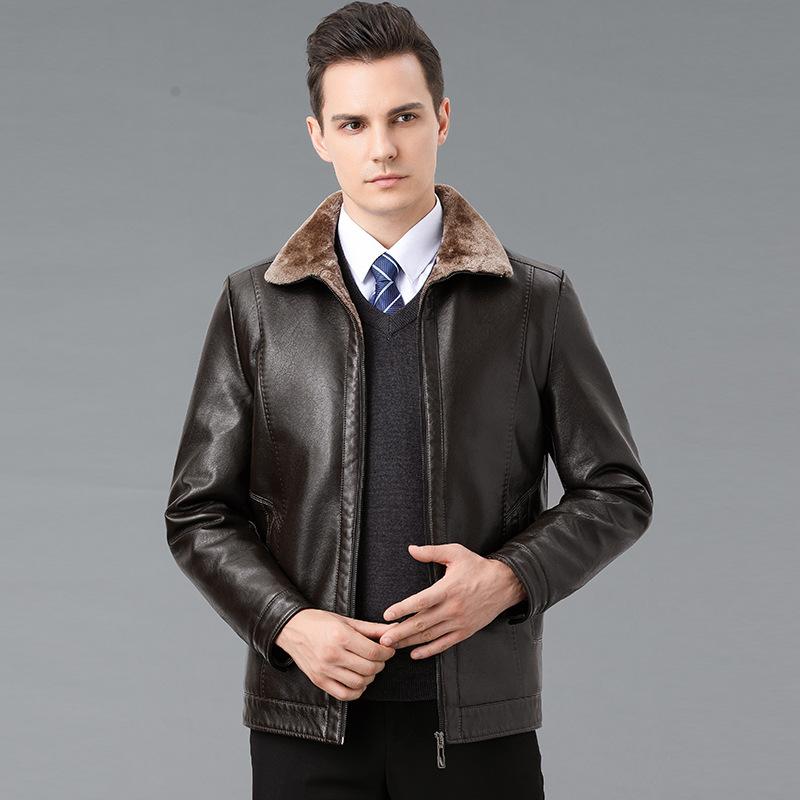 Genuine Leather Jacket for Middle-aged and Elderly Dads, Sheepskin Lapel Jacket, Velvet Thickened Men's Jacket